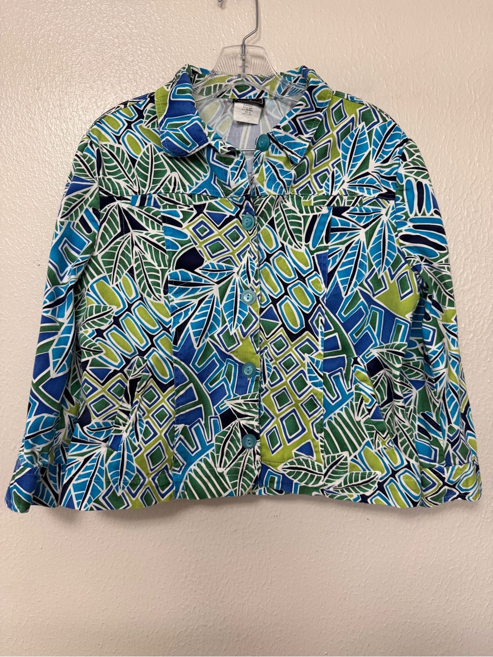 Southern Lady Blue & Green Geometric Print Button Up Jacket